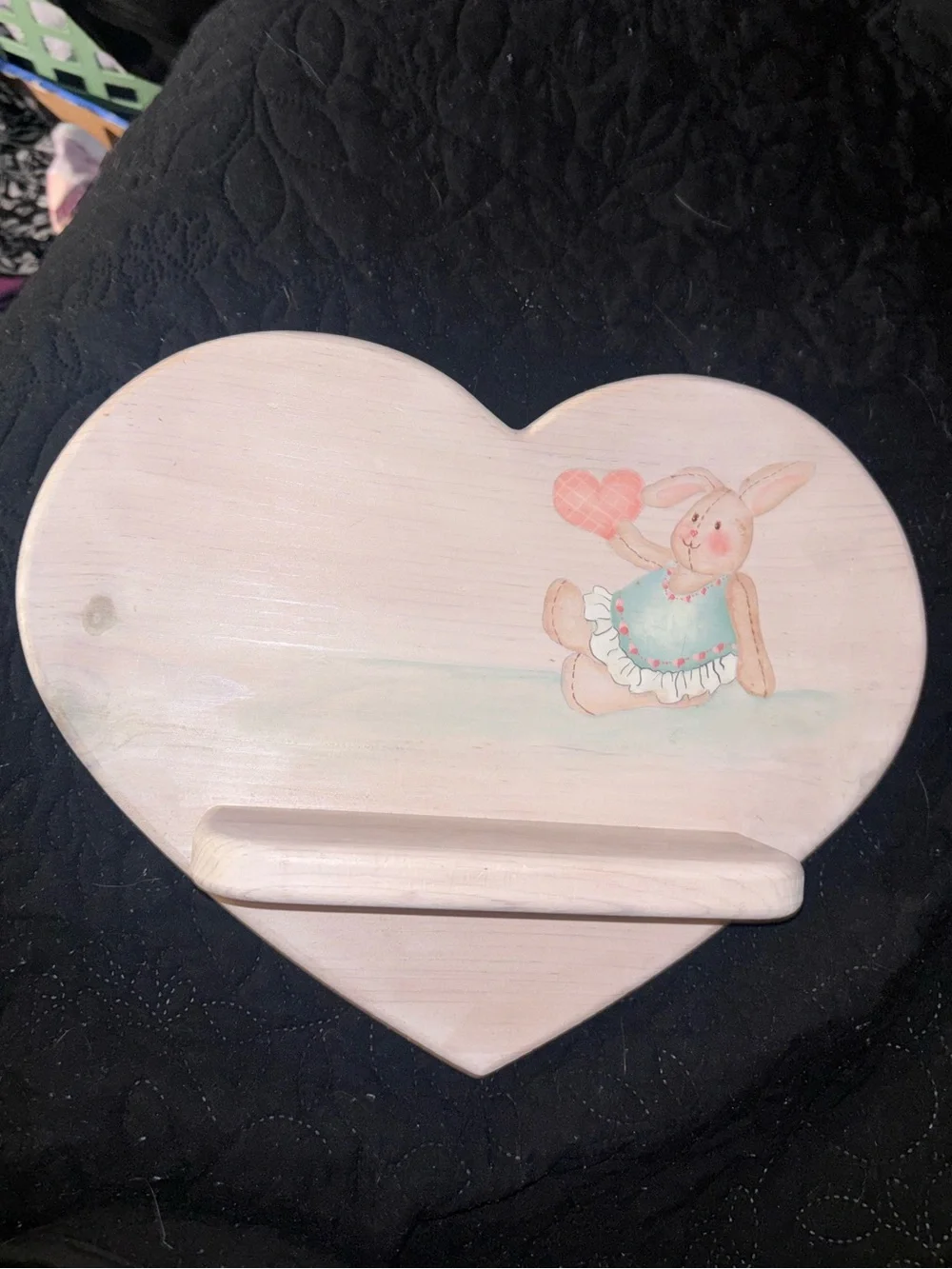 White washed Heart-Shaped Wooden Wall Shelf with Bunny Accent